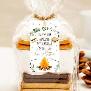 Etiquetas de agradecimento EDITÁVEIS de aniversário S'mores Etiquetas de lembrança Smore Fun S'mores Party Fogueira Fogueira Camping para impressão Download instantâneo Corjl A520