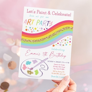 Editable Art Party Birthday Invitation Dress For A Mess Girl Pink Gold Rainbow Art Party Invite Paint Party Craft Party Digital A514