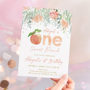 Editable Peach Birthday Invitation One Sweet Peach First Birthday Invite Peach Gold Floral Girl 1st Birthday Printable Digital A608