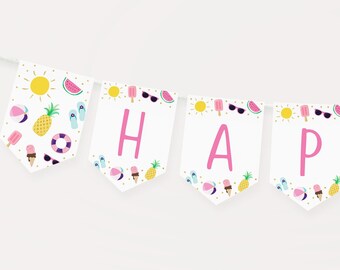 May include: A white banner with pink letters spelling "HAPPY" and a blue letter "B". The banner is decorated with summer-themed icons like sunglasses, watermelon, pineapples, and ice cream.
