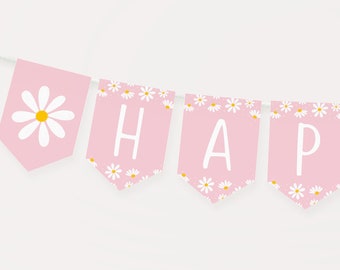 Redigerbar Daisy födelsedagsbanderoll Retro Daisy födelsedagsfest Rosa Daisy festflicka blomma första födelsedag utskrivbar digital nedladdning A691