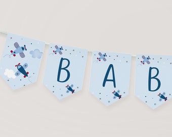 Editable Airplane Baby Shower Banner Boy Baby Shower Stars Clouds Blue Red Printable Digital Instant Download A566