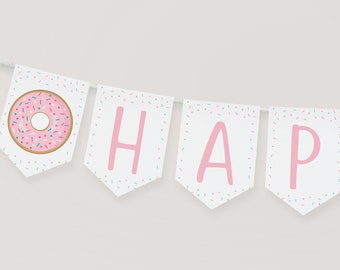 Editable Donut Birthday Banner, Pink Donut, Donut Grow Up, Donut Party, First Birthday, Doughnut, Sprinkles, Printable Digital Download A500