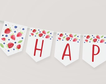 Editable Strawberry Birthday Banner Strawberry First Birthday Berry Sweet Blueberry Birthday Berry Birthday Digital Download A670