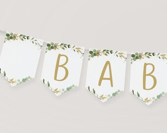 Editable Greenery Gold Baby Shower Banner Eucalyptus Leaves Greenery Gender Neutral Coed Baby Shower Printable Digital Download A529