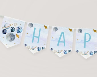 Editable Space Birthday Banner Galaxy Birthday Banner Blue Gold Galaxy Planets Outer Space Rocket Ship Boy Galaxy Party Printable A631