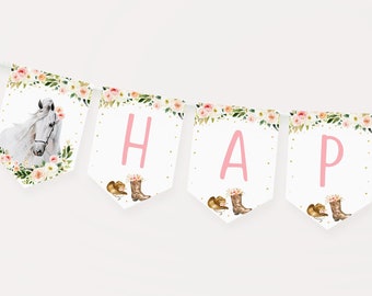 Editable Horse Birthday Banner Saddle Up Watercolor Horse Cowgirl Party Horse Party Pony Boho Pink Floral Digital Download A645
