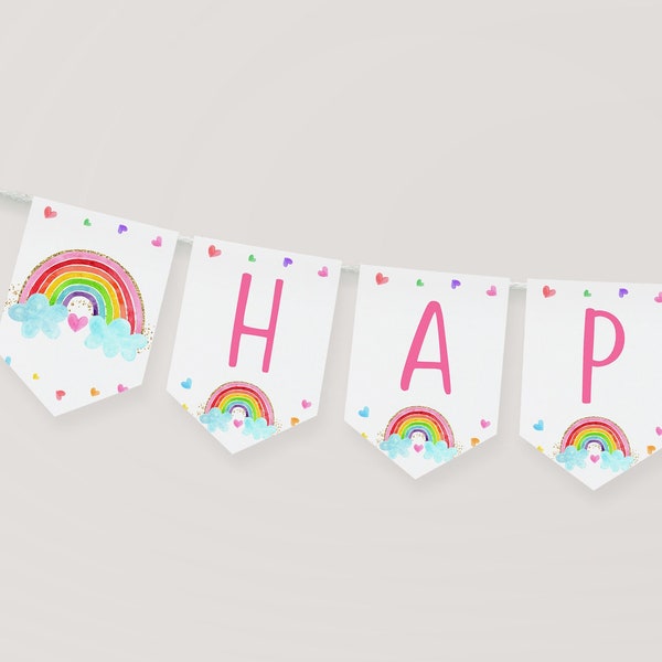Editable Rainbow Birthday Banner Girls Rainbow Party Pink Gold Rainbow Clouds Hearts Watercolor Rainbow Digital Download A661