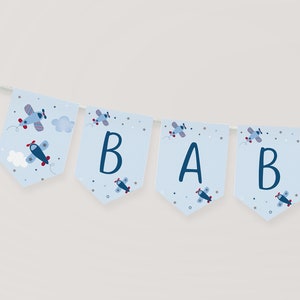 Banner editável para chá de bebê de avião, chá de bebê menino, estrelas, nuvens, azul, vermelho, impressão digital, download instantâneo A566