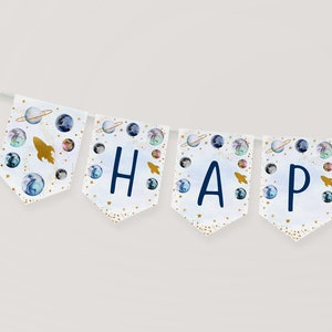Editable Space Birthday Banner Galaxy Birthday Banner Blue Gold Galaxy Planets Outer Space Party Rocket Ship Boy Galaxy Party Printable A586