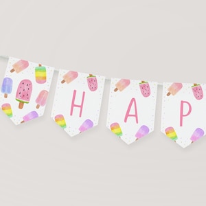 Editable Popsicle Birthday Banner Girl Popsicle Party Watercolor Popsicle Ice Cream Party Pop on Over Let's Chill Digital Download A674