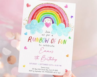 Editable Rainbow Birthday Invitation Girls Rainbow Party Rainbow Birthday Invite Pink Gold Rainbow Clouds Hearts Digital Download A661