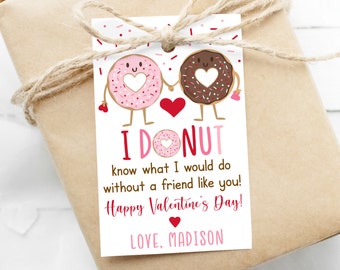 Editable Donut Valentine's Day Tags Friendship Valentine's Day Treat Tags School Valentine Tags Hearts Pink Red Digital Printable