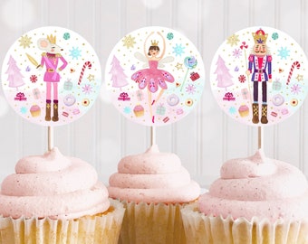 Nutcracker Birthday Cupcake Toppers Sugar Plum Fairy Party Land of Sweets Pink Gold Winter Girl Birthday Digital Download A653