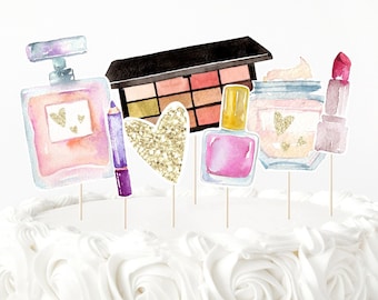 Decorazioni Per Torta A Tema Trucco - Topper Glamour Per Feste Spa, Rosa E Foglie Di Palma - Foto 10