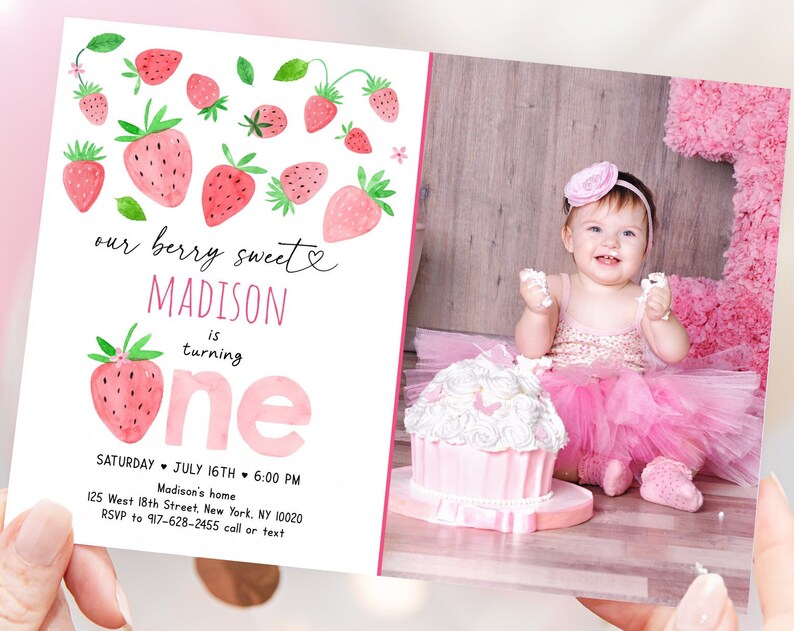 Editable Strawberry Birthday Invitation Berry First Birthday Strawberry Party Girl First Birthday Greenery Floral Digital