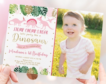 Editable Girl Dinosaur Birthday Invitation, Pink & Gold Dinosaur Birthday Invite, Dinosaur Safari, Printable, Digital, Instant Download A507