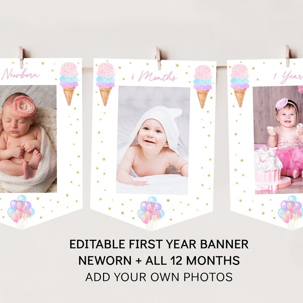 Ice Cream First Birthday Banner Monthly Photo Banner Rainbow Ice Cream Cone Pink Gold Balloon Girl Ice Cream Party Printable Digital A611