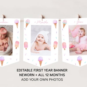 Ice Cream First Birthday Banner Monthly Photo Banner Girls Ice Cream Party Modern Watercolor Ice Cream First Year Banner Download A673