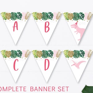 Pink Dinosaur Birthday Banner Pink & Gold Dinosaur Girl Dinosaur Tropical Dinosaur Safari Letters A-Z Printable Instant Download A507