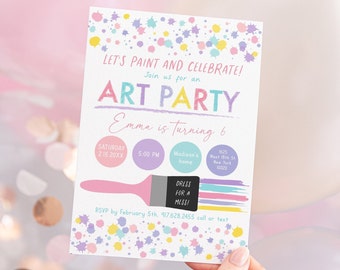 Robe d’invitation d’anniversaire de fête d’art modifiable pour une fille de désordre rose pastel arc-en-ciel Art Party Invite Paint Party Craft Party Digital A215
