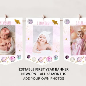 Galaxy First Birthday Banner Monthly Photo Banner Girl Pink Gold Galaxy Planets Outer Space Party Rocket Ship Editable Digital Download A631