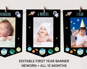 Editable Space First Year Photo Banner Monthly Photo Banner Astronaut Galaxy Planets Outer Space Party Rocket Ship Digital Download A654