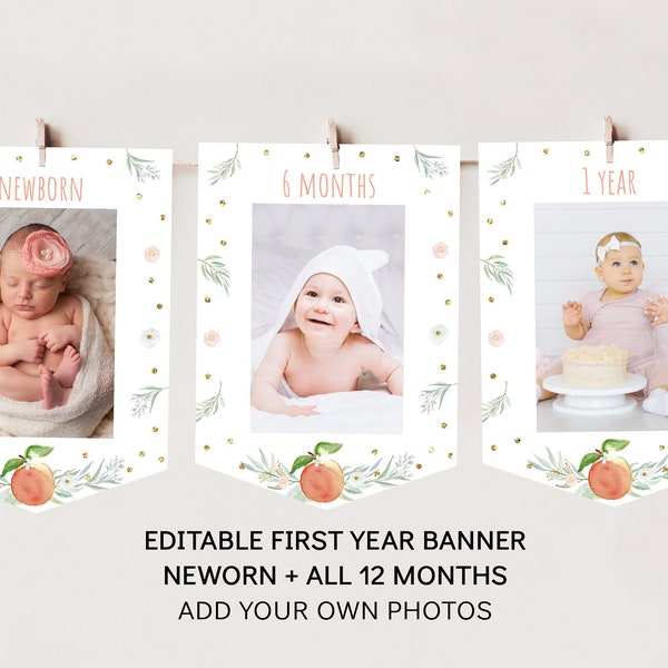 Bearbeitbares Pfirsich-Banner zum ersten Geburtstag Monatliches Fotobanner Süß wie ein Pfirsich zum ersten Geburtstag Pfirsich Gold Blumensommermädchen Digital A608