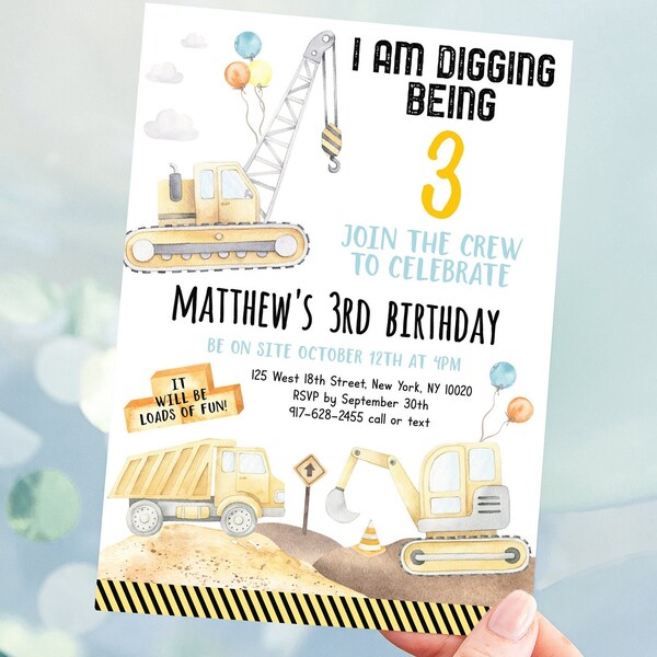 Editable Construction Birthday Invitation Construction Trucks Invite Digging Being 3 Boy Construction Party Digger Dump Truck Digital A665