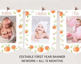 Peach First Birthday Banner Monthly Photo Banner Sweet As A Peach First Birthday Watercolor Peach Summer Girl Digital Download A668