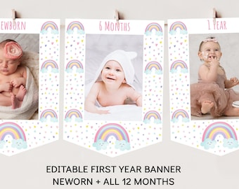 Pastel Rainbow First Birthday Banner Monthly Photo Banner Girls Rainbow Party Pink Rainbow Clouds Editable Printable Digital Download A549