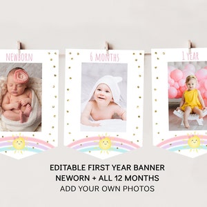 Editable Sunshine Rainbow First Birthday Banner Monthly Photo Banner Pastel Rainbow Pink Gold Sunshine Girl First Birthday Download A599