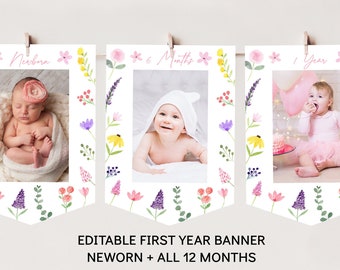 Wildflower First Birthday Banner Monthly Photo Banner Little Wildflower Birthday Flower Birthday Pink Floral Garden Party Download A672