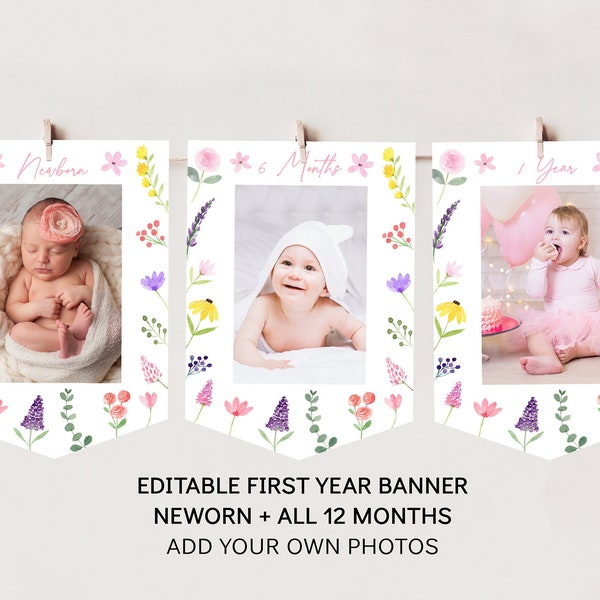 Wildflower First Birthday Banner Monthly Photo Banner Little Wildflower Birthday Flower Birthday Pink Floral Garden Party Download A672