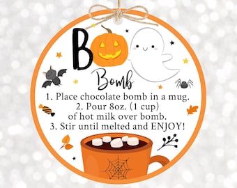 Editable Halloween Hot Chocolate Bomb Tags Hot Cocoa Bomb Instructions Boo Bomb Favor Tags Fall Autumn Pumpkin Ghost Digital Download