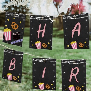 Editable Movie Night Birthday Banner Backyard Movie Night Movie Under the Stars Girl Outdoor Backyard Movie Party Popcorn Digital A555