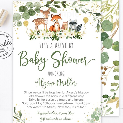 Editable Drive by Baby Shower Invitation Woodland Animal Drive Etsy