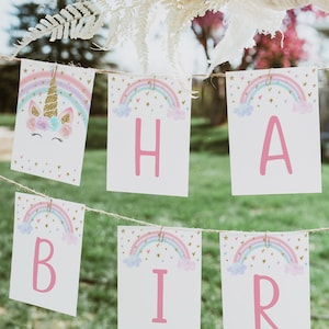 Editable Unicorn Birthday Banner Pastel Rainbow Unicorn Pink Gold Floral Unicorn 1st Birthday Printable Digital Instant Download A582