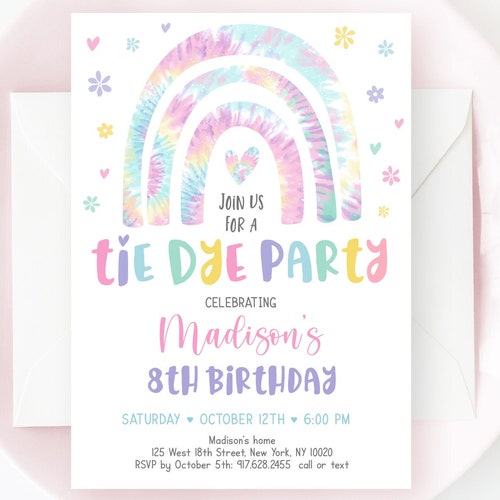 Printable Tie Dye Birthday Party Invitation Editable Rainbow - Etsy