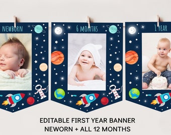 Space First Birthday Banner Monthly Photo Banner Astronaut Planet Outer Space Birthday Party Rocket Ship Editable Printable Digital A528
