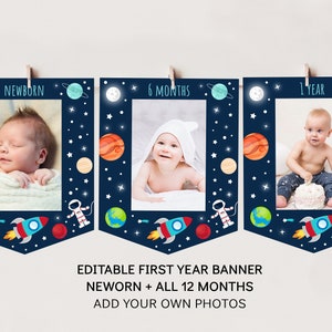 May include: Editable first year banner with a space theme. The banner has 12 frames for photos, each with a different age from newborn to 1 year. The frames are decorated with planets, stars, rockets, and astronauts.