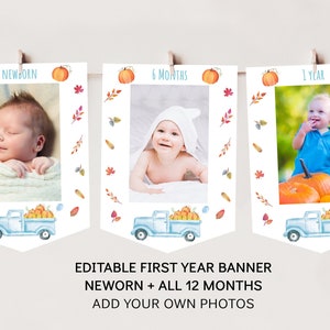 Pumpkin Truck First Birthday Banner Monthly Photo Banner Fall Autumn Boy Pumpkin Truck Birthday Printable Digital Download A548