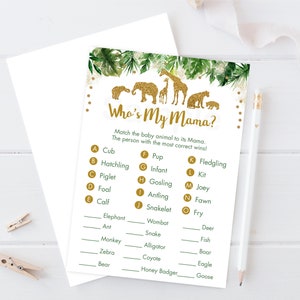 Gold Safari Baby Shower Animal Match Game, Safari Baby Shower, Jungle Animal Baby Shower, Who&#39;s My Mama, Printable Instant Download A475