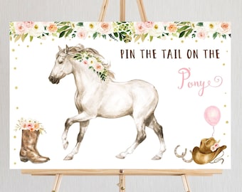 Bearbeitbare Pin The Tail auf dem Pferd Spiel Pferd Geburtstag Sattel Pony Geburtstag Aquarell Pferd Cowgirl Party Boho Pink Blumen Digital A645