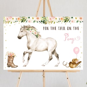 Editable Pin The Tail on the Horse Game Horse Birthday Saddle Up Pony Birthday Watercolor Horse Cowgirl Party Boho Pink Floral Digital A645