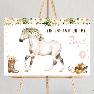 Editable Pin The Tail on the Horse Game Horse Birthday Saddle Up Pony Birthday Watercolor Horse Cowgirl Party Boho Pink Floral Digital A645