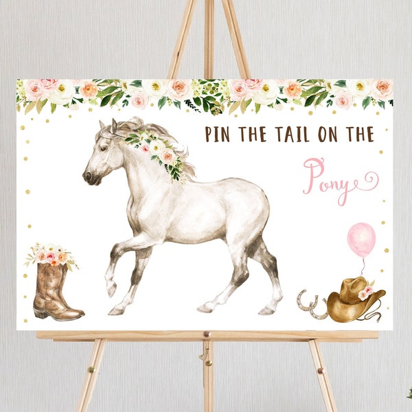 Editable Pin The Tail on the Horse Game Horse Birthday Saddle Up Pony Birthday Watercolor Horse Cowgirl Party Boho Pink Floral Digital A645