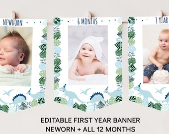 Editable Dinosaur First Birthday Banner Monthly Photo Banner Boy Dinosaur Party T-Rex Dinosaur Safari First Year Banner Digital A573