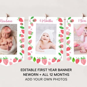Strawberry First Birthday Banner Monthly Photo Banner Berry Sweet Birthday Strawberry Party Girl First Birthday Digital Download A667