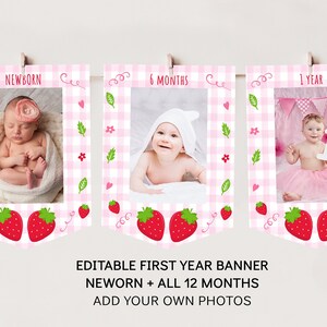 Strawberry First Birthday Banner Monthly Photo Banner Berry Sweet Strawberry Party Pink & Green Girl First Birthday Editable Printable A542